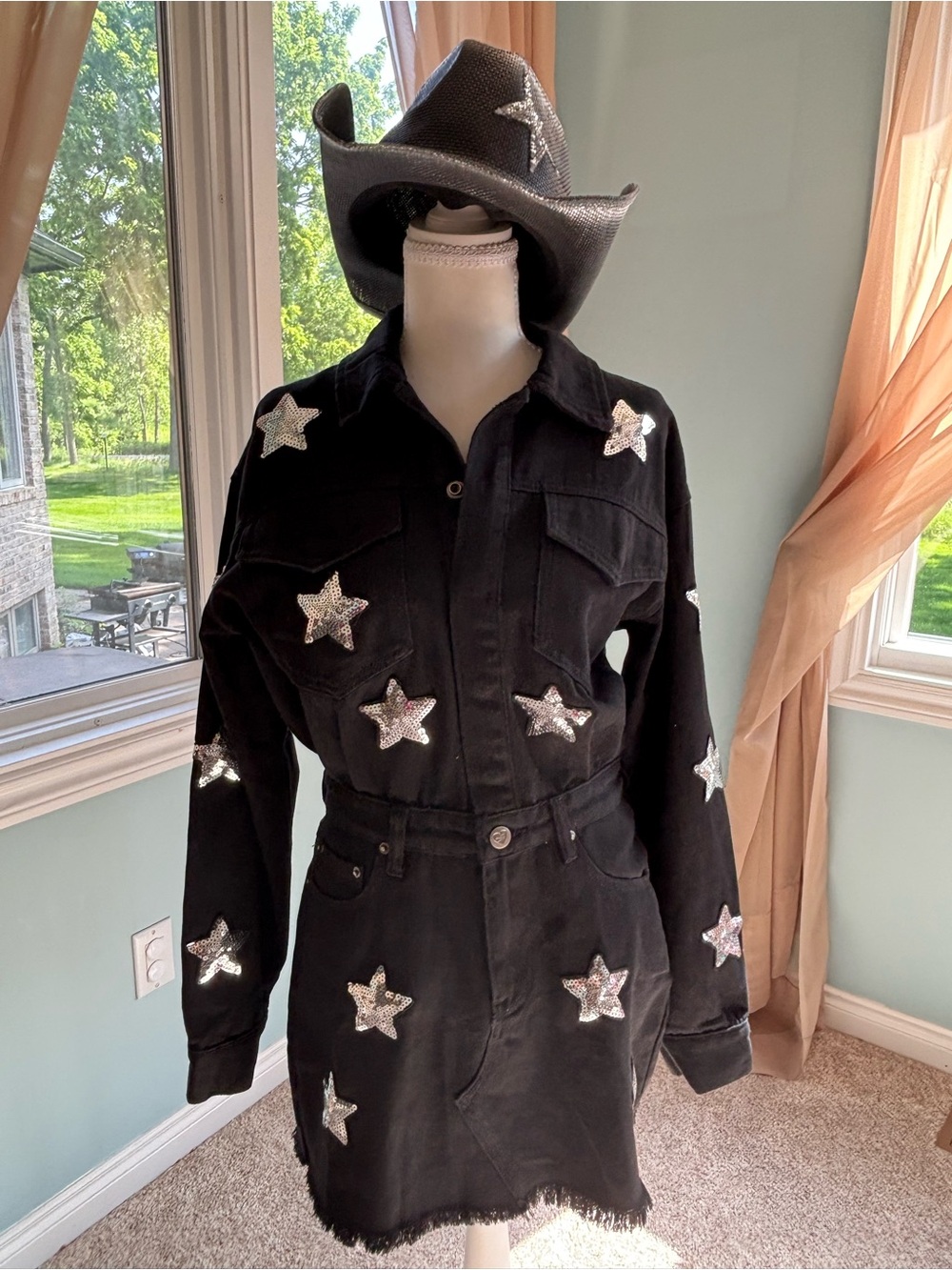 Black Denim Dress With Silver Sequin Star Appliqué- Cowgirl Hat Included